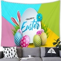 Happy Easter tapestry with colorful eggs and bunny ears hung above a grey living room sofa - 100x70cm / Striped Patchwork Easter Eggs Style (15-Peach Skin)