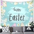 Easter egg wall tapestry with Happy Easter text and flowers over a modern sofa - 100x70cm / Light Blue Wood Grain Easter Style (17-Peach Skin)