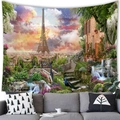 Paris landscape tapestry featuring Eiffel Tower and waterfall decor over a grey sofa - Paris Surreal Landscape (Style 5)