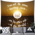 Sunset beach wall tapestry with motivational quote over a grey sofa in a cozy room - Warm Orange Moonrise Quote Style (Style 4) / Medium Peach Skin