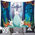 Blue Happy Easter tapestry featuring cartoon rabbits and large egg for wall decoration - Dark Blue Forest Rabbit Style (11)