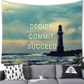 Lighthouse sunset wall tapestry with Decide Commit Succeed quote above a grey sofa - Lighthouse Motivational Style (Style 6) / Medium Peach Skin