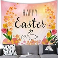 Happy Easter peach skin tapestry with bunny and floral patterns for wall decoration - Tulip Rabbit Sketch Style (12)