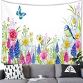 Wall tapestry featuring watercolor flowers, blue butterflies and birds over a grey sofa - 100cmx70cm / Watercolor Floral Bird and Butterfly