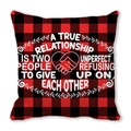 Red and black buffalo plaid pillow cover with heart handshake design and romantic quote - Intimate Bond (24)