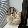 Elegante borsa tote in maglia traforata color crema con manici in pelle marrone - Bianco Sporco Senza Fodera