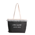 Canvas tote bag with white lace trim and long shoulder straps for women - Black