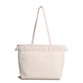 Chic beige tote bag with elegant white lace trim and EVEA GLOW print for women - White