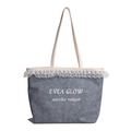 Blue denim tote bag with delicate white lace trim and minimalist brand printing - Blue