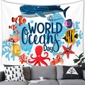 Wandteppich mit Comic-Meerestieren und World Oceans Day Text für die Innendekoration - Weltozeantag Cartoon Stil (8)