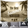 Retro sunset beach tapestry featuring palm trees and The Best Summer Holidays print - Vintage Beach Style (Style 3)