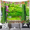 Green nature tapestry with flowers, forest and swans hanging over a gray sofa - 100cmx70cm / Nature Swan and Dove