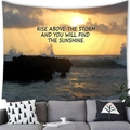 Sunset beach wall tapestry with motivational quote over a cozy living room sofa - Storm Sunshine Style (Style 5)