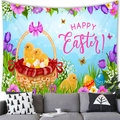 Happy Easter tapestry with colorful eggs, chicks and flowers over a living room sofa - 100x70cm (Peach Skin Fabric) / Chicks & Egg Basket Style (Style 3)