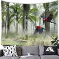 Tropical rainforest wall tapestry with flying macaws and misty palm trees over a sofa - 100cmx70cm / Tropical Jungle Macaw