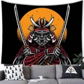 Japanese samurai tapestry with red armor and katana against a sunset on a living room wall - 21 / 100x70(Peach Skin)
