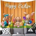 Happy Easter peach skin tapestry with cute bunnies and colorful eggs on orange wood background - 100x70cm (Peach Skin Fabric) / Orange Wood Cartoon Bunny Style (Style 5)
