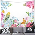 White floral wall tapestry featuring watercolor birds and orange butterflies for home decor - Spring Floral and Bird