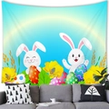 Easter tapestry with blue sky, rainbow, bunnies and eggs over a grey sofa scene - 100x70cm (Peach Skin Fabric) / Rainbow White Bunny & Eggs Style (Style 7)