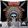 Skull tapestry with Indian feather war bonnet and crossed spears for wall hanging - Indian Feather Skull (Pattern 2) - Peach Skin / 150x100cm