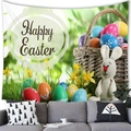 Happy Easter tapestry featuring eggs, a bunny, and flowers on soft peach skin fabric - 100x70cm (Peach Skin Fabric) / Long-Eared Bunny & Egg Basket Style (Style 8)