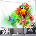 Tropical parrot tapestry with colorful watercolor flowers on a modern white living room wall - Vibrant Floral Parrot
