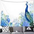 Wall tapestry featuring a vibrant blue peacock and hydrangea flowers over a gray sofa - Peacock and Hydrangea