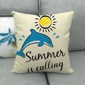 Linen sofa cushion cover with Summer is calling phrase and dolphin sun print - Summer Is Calling Dolphin (4)