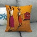 Detail of African oil painting pillow cover on sofa featuring tribal women in vibrant yellow - Ginger Yellow Background Labor Style (12) / 45x45cm