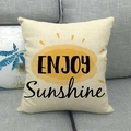 Close-up of linen cushion cover texture with ENJOY Sunshine text and yellow sun pattern - Enjoy Sunshine (5)