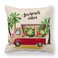 Kissenbezug aus Leinen mit Sommer-Vibes-LKW und Palmen im Aquarell-Stil - Roter LKW (Summer Vibes)