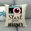 Detail of linen cushion featuring a vintage blue camera print and JOURNEY text on a sofa - Start Your Journey Camera (6)
