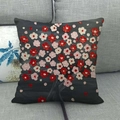 Detailed close-up of oil painting tree linen pillowcase on a grey fabric sofa - Dark Gray Background Red Pink Floral (10)