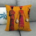Detail of African oil painting style cushion cover on gray sofa showing cotton linen texture - Women with Purple Clothing and Headwear Style (9) / 45x45cm