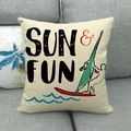 Linen throw pillow cover with Sun & Fun surfing print on a gray fabric sofa - Sun & Fun (9)