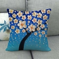 Detail of linen pillow cover with blue oil painting floral tree embossed texture - Blue Background 3D Pink White Floral (7)