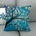 Close-up of linen pillow cover with floral tree oil painting on a blue background - Turquoise Background Pink White Flowers (6)