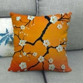 Detail of linen pillowcase featuring artistic tree branch and 3D floral oil painting pattern - Orange Gradient Background White Floral (5)