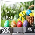 Easter egg wall tapestry with Happy Easter text displayed over a grey sofa in a living room - 100x70cm (Peach Skin Fabric) / Grassland Art Text Easter Eggs Style (Style 10)