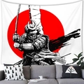 Japanese samurai tapestry with red sun and katana sword on white peach skin fabric - Samurai Line Art Red Sun (Pattern 6) - Peach Skin / 150x100cm