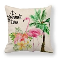 Kissenbezug aus Leinen mit rosa Flamingo, Tropenpflanzen und Sommer-Schriftzug - Flamingo (it's summer time)
