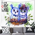 Easter watercolor owl nest tapestry with from ME to YOU text hanging above sofa - 100x70cm / Cartoon Owl Bird Nest Style (12-Peach Skin)