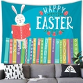 Happy Easter tapestry featuring a white rabbit reading books and colorful floral eggs - 100x70cm / Reading Bunny Easter Eggs Style (9-Peach Skin)