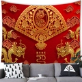 Tiger Chinese New Year tapestry with golden dragons on red background for home wall decor - 100X70 / Tiger Year Style 7 (7)