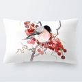 Détail de l'imprimé aquarelle oiseau et baies rouges sur taie d'oreiller rectangulaire - 30x50cm / Style Oiseau sur Branche (4)