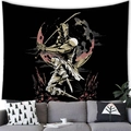 Black warrior wall tapestry with sword and red moon above a gray sofa decor - 12 / 100x70(Peach Skin)