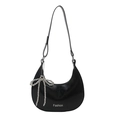 Minimalist black crescent hobo shoulder bag with a silver beaded bow charm and fashion logo - Black