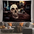Close-up detail of gothic skull and alchemy lab tapestry hanging in a cozy living room decor - Alchemy Lab Realistic Skull