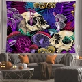 Detailed close-up of psychedelic skull and mushroom wall tapestry in a living room setting - Purple Psychedelic Neon Skull