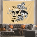 Detail of psychedelic skull and mushroom wall tapestry in a modern living room - Beige Line Art Skull Mushroom